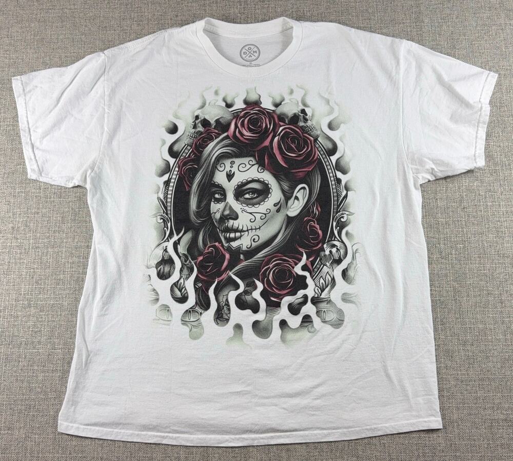 Sugar Skull Woman Roses Graphic T Shirt Men XL White Day of the Dead Gothic